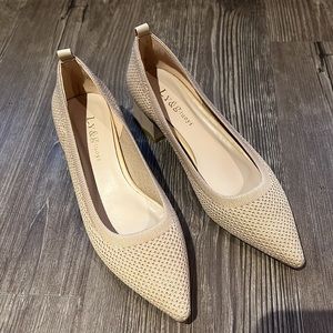 Elegant Weave Woven Nude Cream Pointed Block Heels Shoes